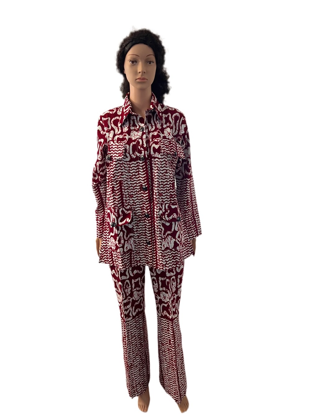 Two-Piece Red and White African Print Shirt & Pants Set